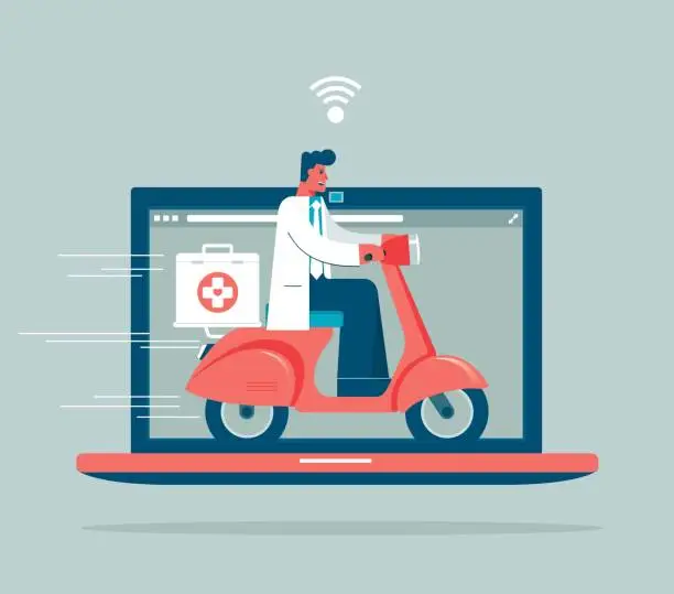 Vector illustration of Male doctor - Medicine motorbike delivery pharmacy - Laptop