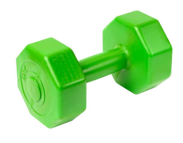 istock Green plastic dumbbell on a white isolated background, sports equipment 1485565713