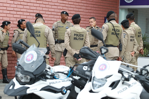 feira de santana, bahia, brazil - april 23, 2023: Bahia Military Police officers seen during police operation in the city of Feira de Santana.