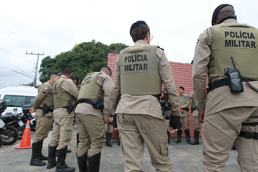 feira de santana, bahia, brazil - april 23, 2023: Bahia Military Police officers seen during police operation in the city of Feira de Santana.