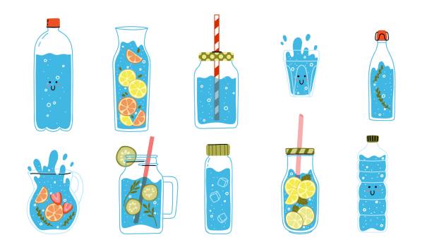 ilustraciones, imágenes clip art, dibujos animados e iconos de stock de lindo decantador de vidrio de botella de agua. concepto de desintoxicación divertido dibujado a mano. doodle eco vector ilustración - decanter