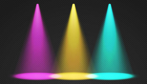ilustrações de stock, clip art, desenhos animados e ícones de stage limelight. yellow, pink, blue cone lights from top with darkened edges. - limelight