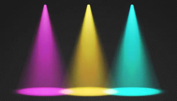 Vector illustration of Stage limelight. Yellow, pink, blue cone lights from top with darkened edges.