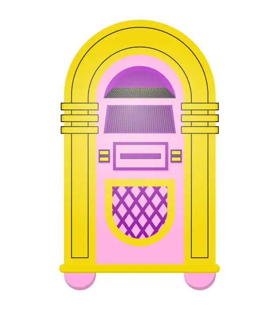 Vector illustration of Jukebox in the style of the 90s. Machine for music. Musical machine. Vector isolated illustration on a white background