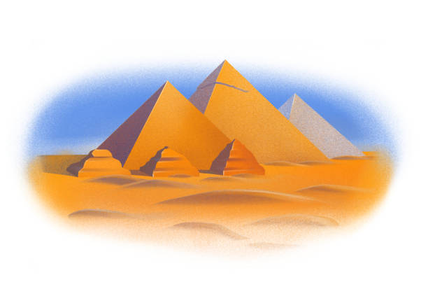 Pyramid complex of Giza in the sesert sands ander the blue sky Pyramid complex of Giza in a desert sands under the blue sky. Digitally painted illustration of the Egypt in airbrushing style. pyramid of mycerinus stock illustrations