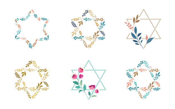 Jewish symbol. Star of David with leaves, flowers collection. Bat and Bar Mitzvah concept design Jewish symbol. Star of David with leaves, flowers collection. Bat and Bar Mitzvah concept design. Vector illustrations star of david logo stock illustrations