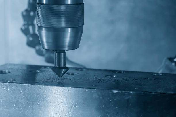 istock The CNC milling machine chamfer cutting mold base part by chamfer tool in the light blue scene. 1485578962