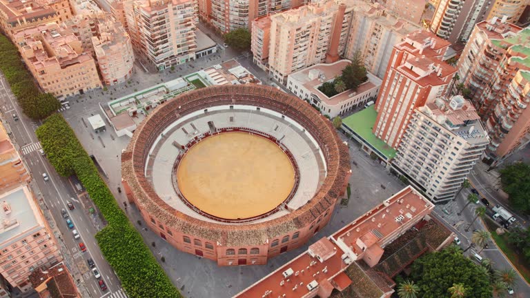 Aerial view of bull arena, called Plaza de toros de La Malagueta, Malaga, Spain
