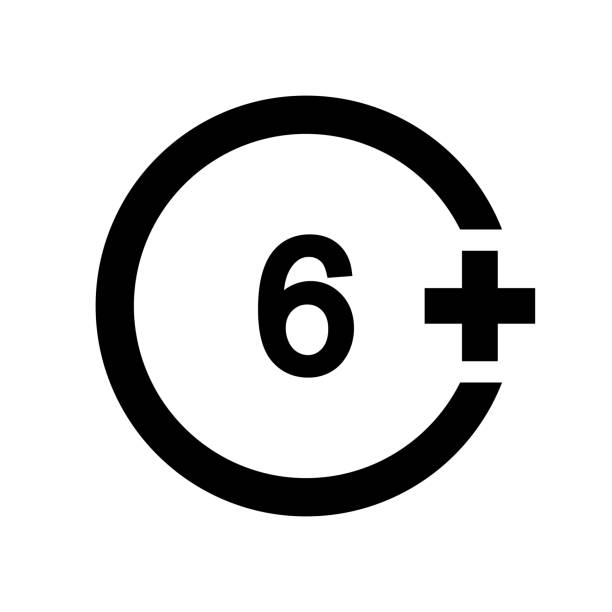 Six plus icon. Number 6 in circle isolated on white background. Age censor symbol. Movie viewing age limit label. Vector graphic illustration Six plus icon. Number 6 in circle isolated on white background. Age censor symbol. Movie viewing age limit label. Vector graphic illustration. half dozen babies stock illustrations