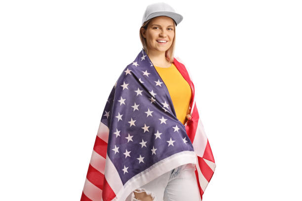 istock Young female wrapped in a USA flag 1485585983