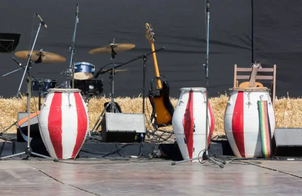 Photo of candombe drums and musical instruments on stage