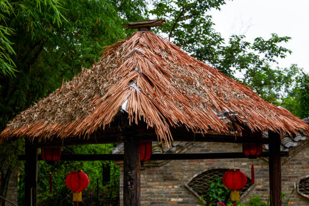 the original straw-roof gazebo in the countryside - thatched roof imagens e fotografias de stock