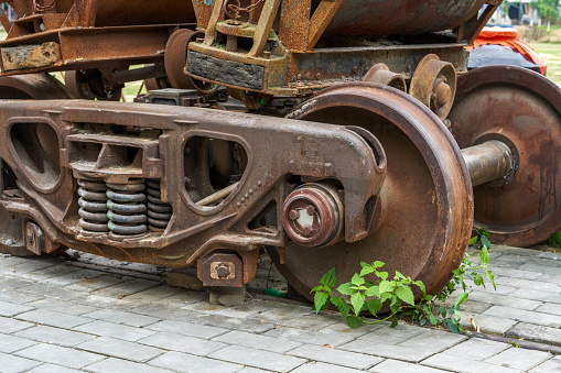 Abandoned railway old mine car close-up