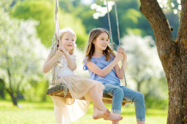 istock Two cute sisters having fun on a swing in blossoming old apple tree garden outdoors on sunny spring day. 1485591563