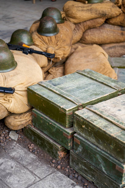 istock Ammunition boxes and fortification helmets for military summer camps 1485593581