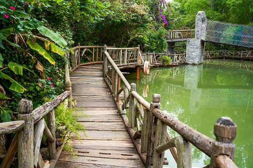 Wooden structure walkway by the pool