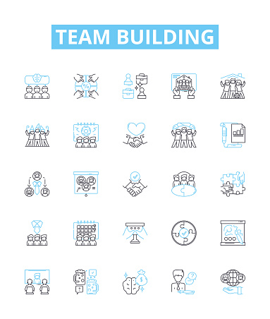 Team building vector line icons set. Collaborate, Networking, Engage, Unify, Interaction, Connect, Solidify illustration outline concept signs and symbols