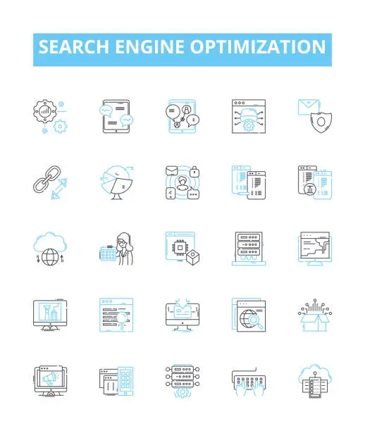 Vector illustration of Search engine optimization vector line icons set. SEO, Optimization, Indexing, Crawling, Ranking, SERP, Search illustration outline concept symbols and signs