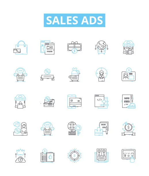 Vector illustration of Sales ads vector line icons set. Offers, Deals, Discounts, Vouchers, Bargains, Freebies, Promotions illustration outline concept symbols and signs