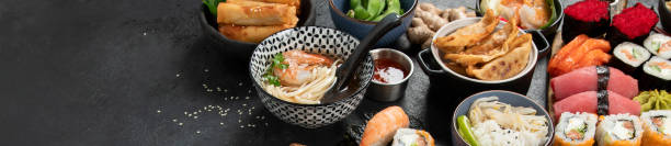 istock Traditional Japanese food dishes on black background 1485619661