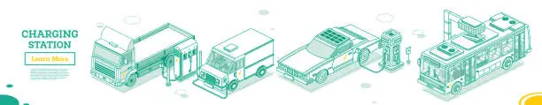 Vector illustration of Electric Vehicle. Electromobile Charging Station. Isometric Outline Concept. Vector Illustration. Truck, Van and Bus. Eco Transport.