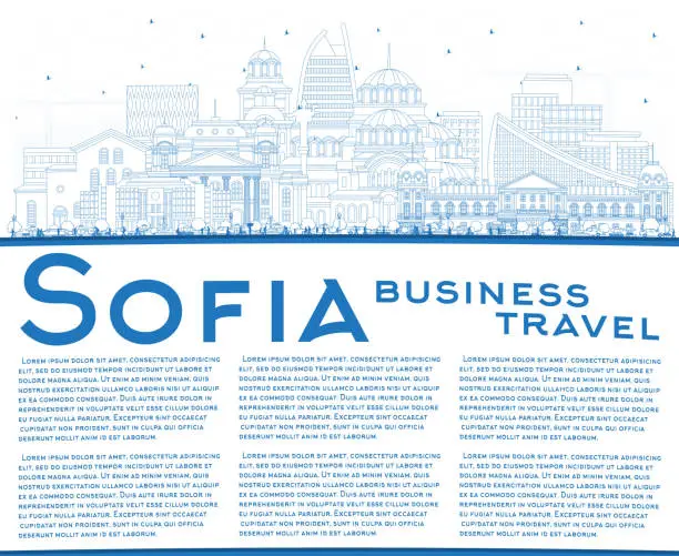 Vector illustration of Outline Sofia Bulgaria City Skyline with Blue Buildings and Copy Space. Vector Illustration. Sofia Cityscape with Landmarks.