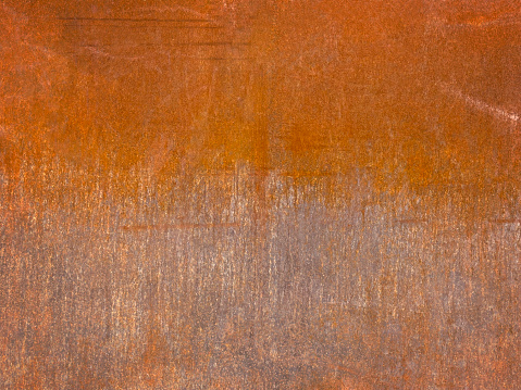 Old rusty textured metal sheet with remains of white paint. Industrial background