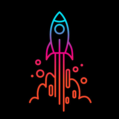 Vector illustration of a multi-colored rocket ship blasting off against a black background in line art style.