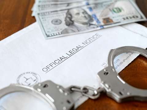 Legal notice, handcuffs and a pile of 100 dollar bills on wooden table