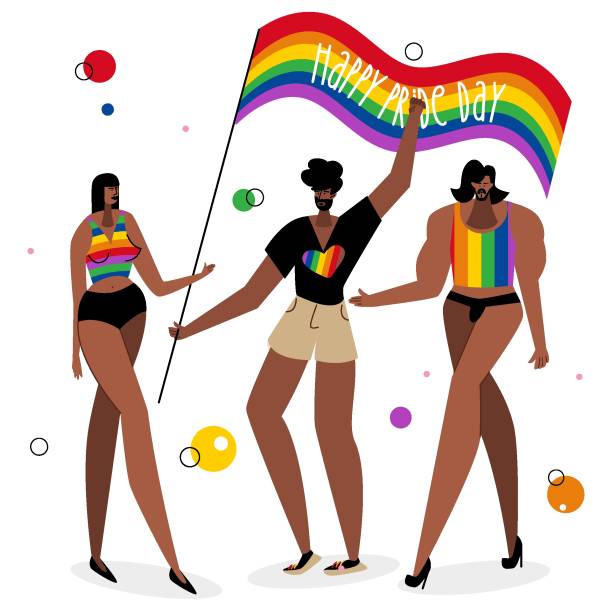 ilustrações, clipart, desenhos animados e ícones de o grupo lgbtq homem e mulher afro-americanos celebra o dia do orgulho, parada lgbt. o tem bandeira do arco-íris. a ilustração é boa para design ou histórias de ux de pôster ou interface do usuário. - flag gay man american culture rainbow