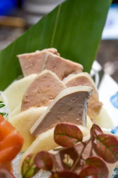 A delicious Japanese dish, salmon and foie gras sashimi platter