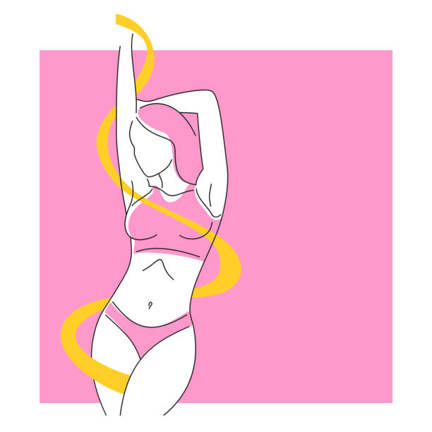 Woman body with measuring on pink background Losing weight banner template - diet, weight loss, fitness - perfect woman body in thin line with measuring tape around slim woman body stock illustrations