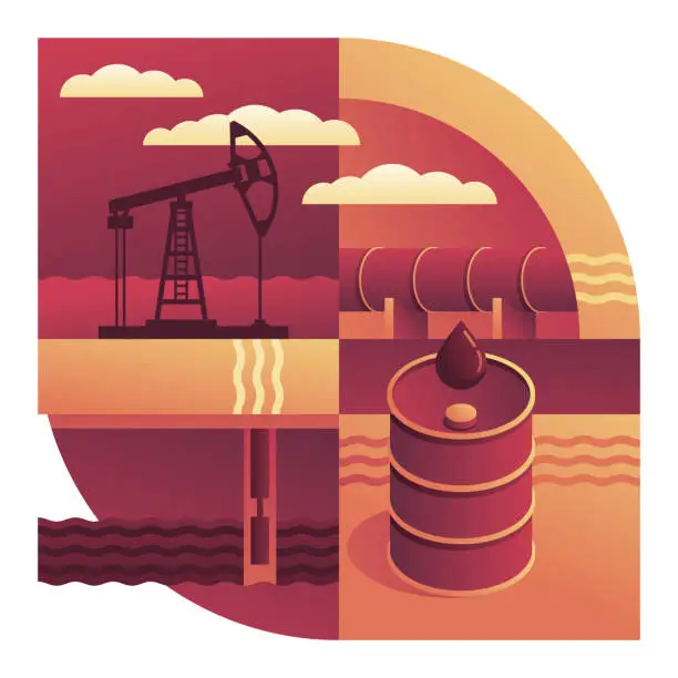 Vector illustration of Oil Industry - rig, well, pipeline and oil barrel