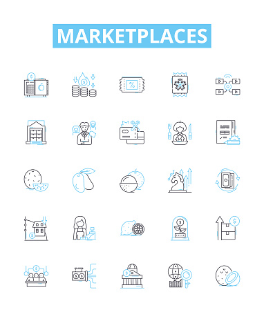 Marketplaces vector line icons set. Marketplaces, ecommerce, trading, buying, selling, retail, vendor illustration outline concept signs and symbols
