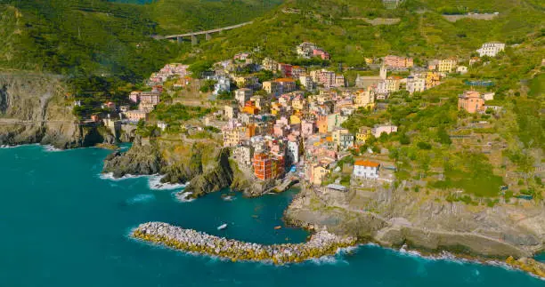Aerial Drone of amazing view on many little colorful houses, traditional architecture of the little Italian town.