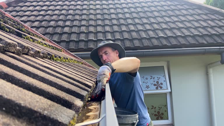 Man on ladder cleaning house gutter from leaves and dirt