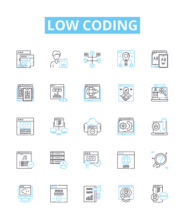 Low coding vector line icons set. No-code, Visual, Declarative, Automation, Platform, Application, Mobile illustration outline concept signs and symbols