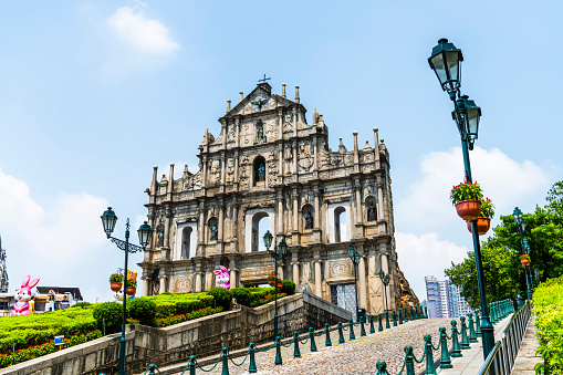 Macau- September 18, 2019: The ruins of St. Paul's are a famous place in Macao, China. The location is one of the UNESCO World Heritage.