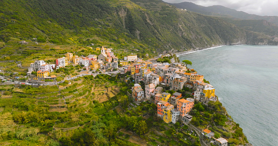 Aerial Drone of amazing view on many little colorful houses, traditional architecture of the little Italian town.