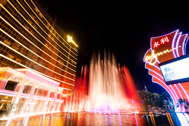 Macau- September 21, 2019: Visiting the Wynn Palace Hotel in Macau on Taipa island side during the water show, this place is amazing with its luxury design and the cable car outside.