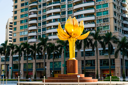 Macau- September 22, 2019: Building view of the large sculpture Lotus Flower In Full Bloom at Lotus Square in Sé, downtown Macau, China.