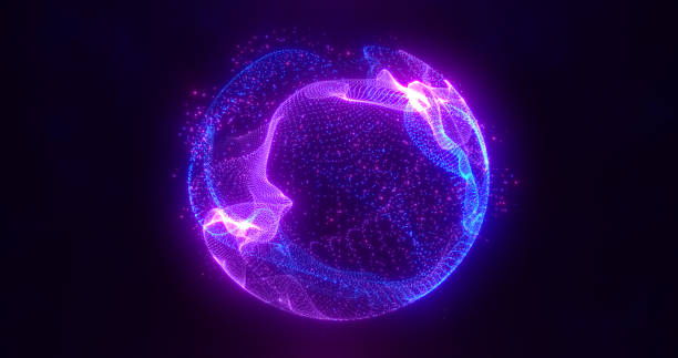 abstract purple energy sphere of particles and waves of magical glowing on a dark background - blue plasma flash imagens e fotografias de stock