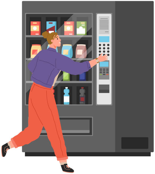 음료와 함께 자판기에서 스낵과 음료를 사는 여자, 플랫 스타일 벡터 일러스트레이션 - vending machine machine selling soda stock illustrations