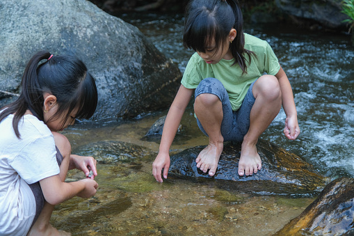 Happy children playing in the river. Two sisters in the summer at the river are having fun playing in the sand on the shore. Outdoor fun, recreational and learning activities with children.
