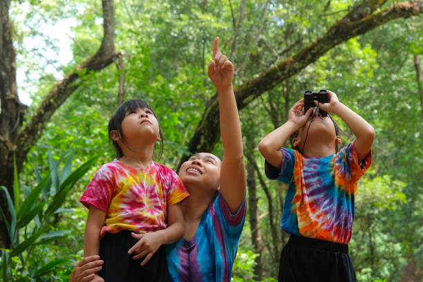 istock Mother and daughter doing activities while watching binoculars on vacation together. Mother and two daughters hiking using binoculars for study. Learn nature on vacation at nature trails. 1485649062