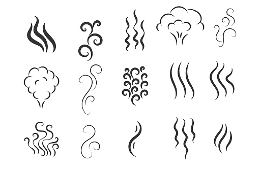 Smells line icon set, hot aroma, smells or fumes. Fragrances evaporate icons. Coffee, tea in cup. Symbols of glasses of hot drinks on white background. Vector illustration doodle hand drawn,