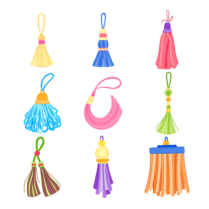 tassel rope set cartoon. trim fringe, fabric string, brush gold, curtain cord tassel rope sign. isolated symbol vector illustration