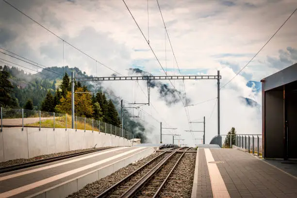 Platform of Kaltbad, Vitznau–Rigi Railway, Swiss standard gauge rack railway that runs from Vitznau on the shore of Lake Lucerne to Rigi Mountain, Rigi Mountain, Switzerland.