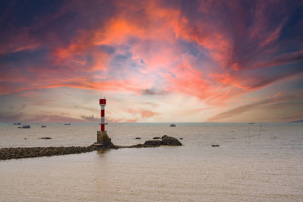 The beacon lighthouse under the gorgeous sunset by the sea