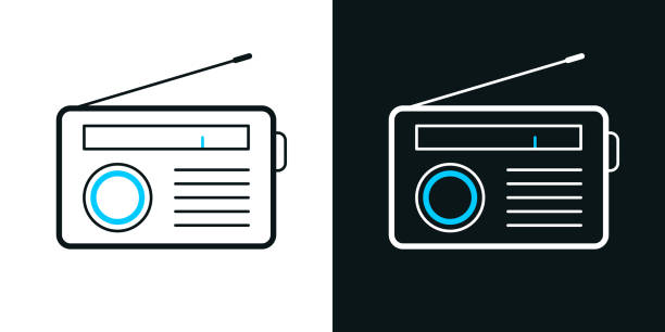 Radio. Bicolor line icon on black or white background - Editable stroke Icons of "Radio" for your own design. Two versions of line icon with editable strokes included in the bundle: - One black and blue icon on a blank background. - One white and blue icon on a black background. Vector Illustration (EPS file, well layered and grouped). Easy to edit, manipulate, resize or colorize. Vector and Jpeg file of different sizes. retro transistor radio clip art stock illustrations
